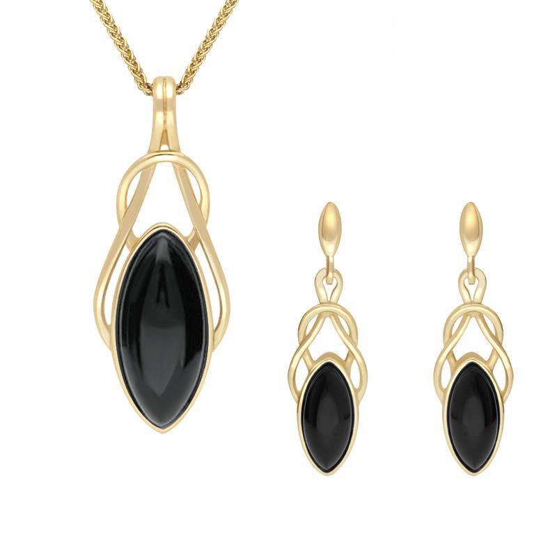 9ct Yellow Gold Whitby Jet Marquise Celtic Twist Two Piece Set