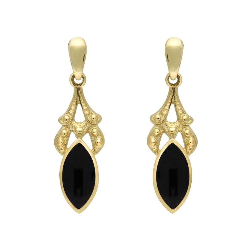 9ct Yellow Gold Whitby Jet Marquise Drop Earrings - Yellow Gold
