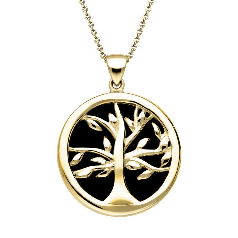 9ct Yellow Gold Whitby Jet Medium Round Tree of Life Necklace