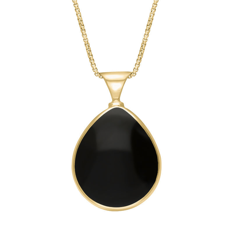 9ct Yellow Gold Whitby Jet Mother of Pearl King's Coronation Hallmark Double Sided Pear-shaped Necklace