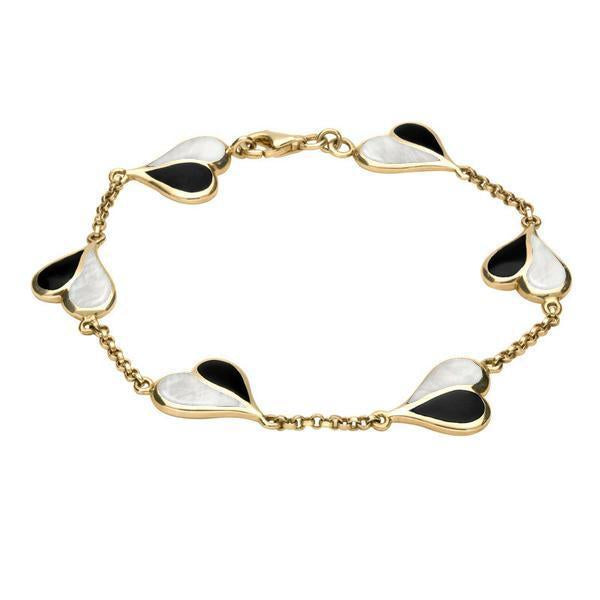 9ct Yellow Gold Whitby Jet and Mother of Pearl Split Heart Bracelet - Yellow Gold