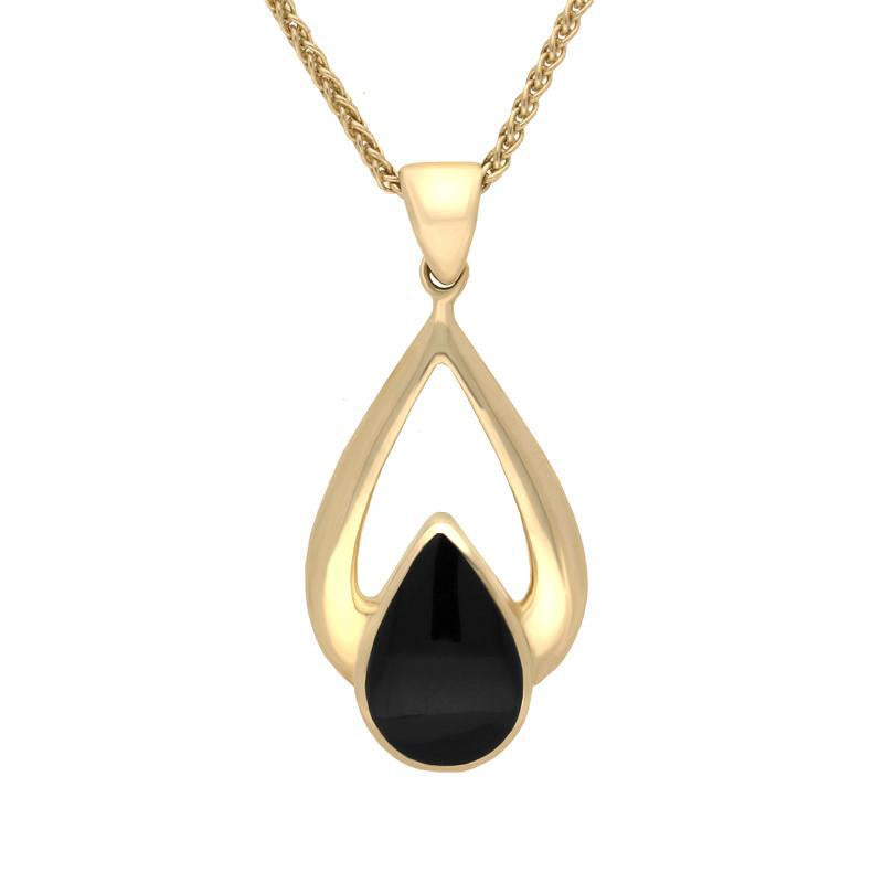 9ct Yellow Gold Whitby Jet Open Framed Pear Drop Necklace - Yellow Gold