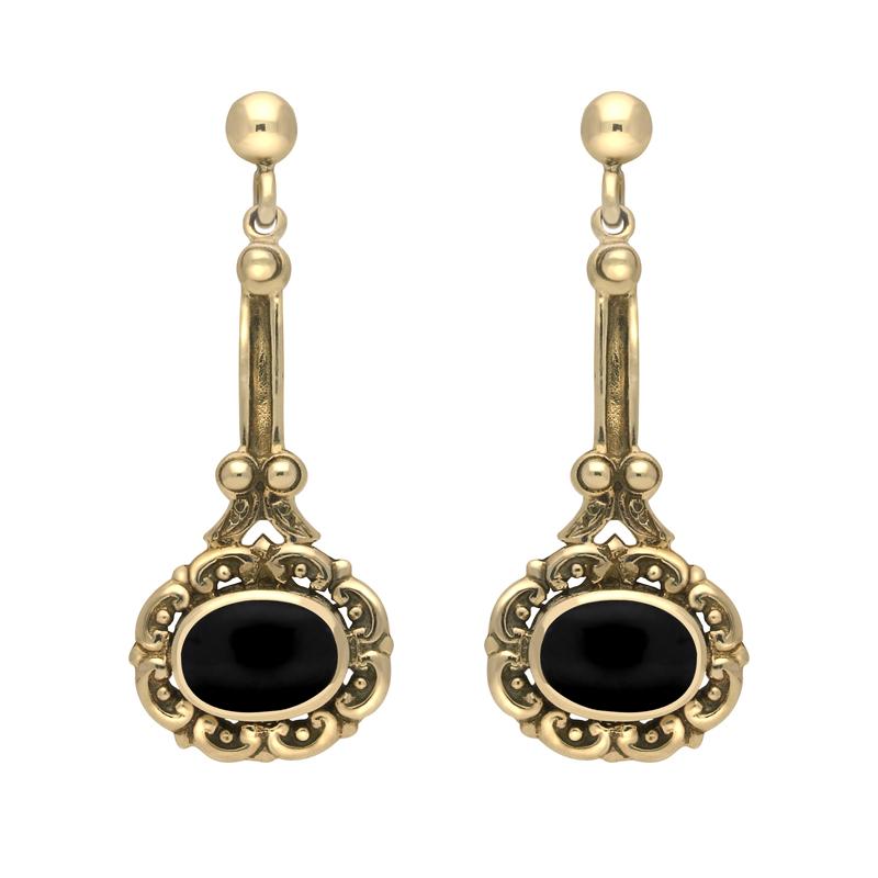 9ct Yellow Gold Whitby Jet Ornate Antique Oval Drop Earrings
