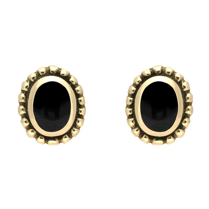 9ct Yellow Gold Whitby Jet Oval Bobble Edge Stud Earrings - Yellow Gold