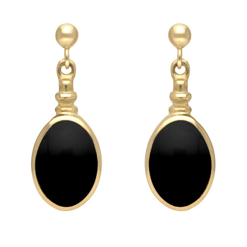 9ct Yellow Gold Whitby Jet Oval Bottletop Drop Earrings - Yellow Gold