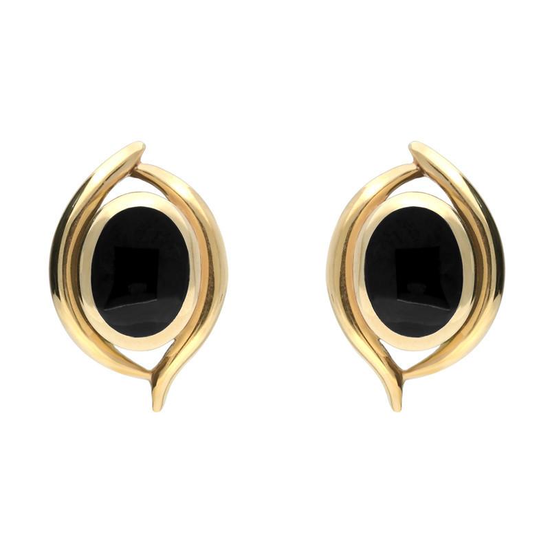 9ct Yellow Gold Whitby Jet Oval Double Fleur Stud Earrings - Yellow Gold