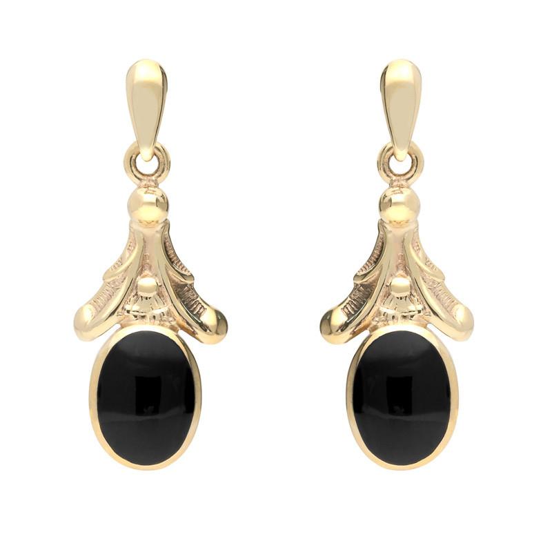 9ct Yellow Gold Whitby Jet Oval Leaf Drop Stud Earrings - Option1 Value Yellow Gold