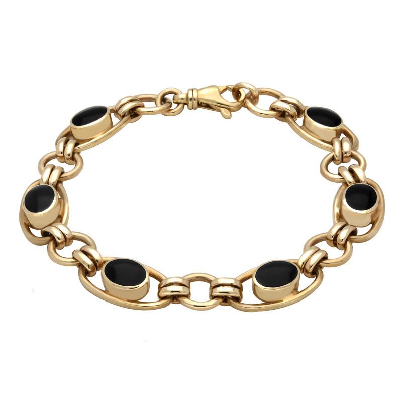 9ct Yellow Gold Whitby Jet Oval Loop Link Bracelet - Yellow Gold