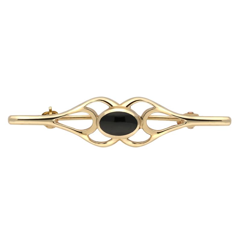 9ct Yellow Gold Whitby Jet Oval Pierced Spoon Brooch - Yellow Gold