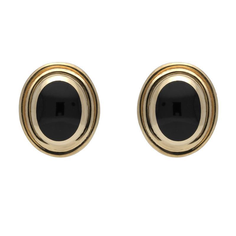 9ct Yellow Gold Whitby Jet Oval Ribbed Edge Stud Earrings - Yellow Gold