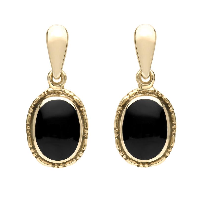 9ct Yellow Gold Whitby Jet Oval Rope Edge Drop Earrings - Yellow Gold