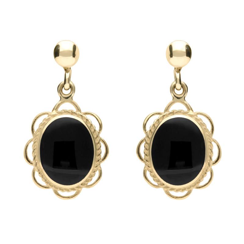 9ct Yellow Gold Whitby Jet Large Oval Rope Frill Drop Earrings - Yellow Gold