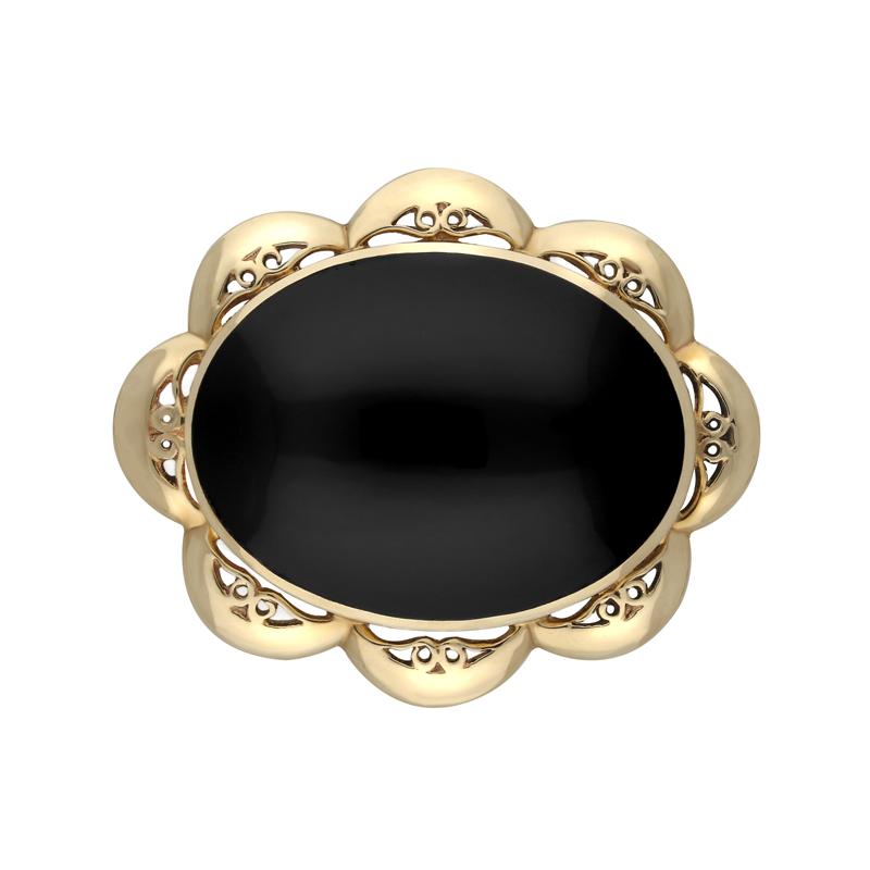 9ct Yellow Gold Whitby Jet Oval Scalloped Edge Brooch - Yellow Gold