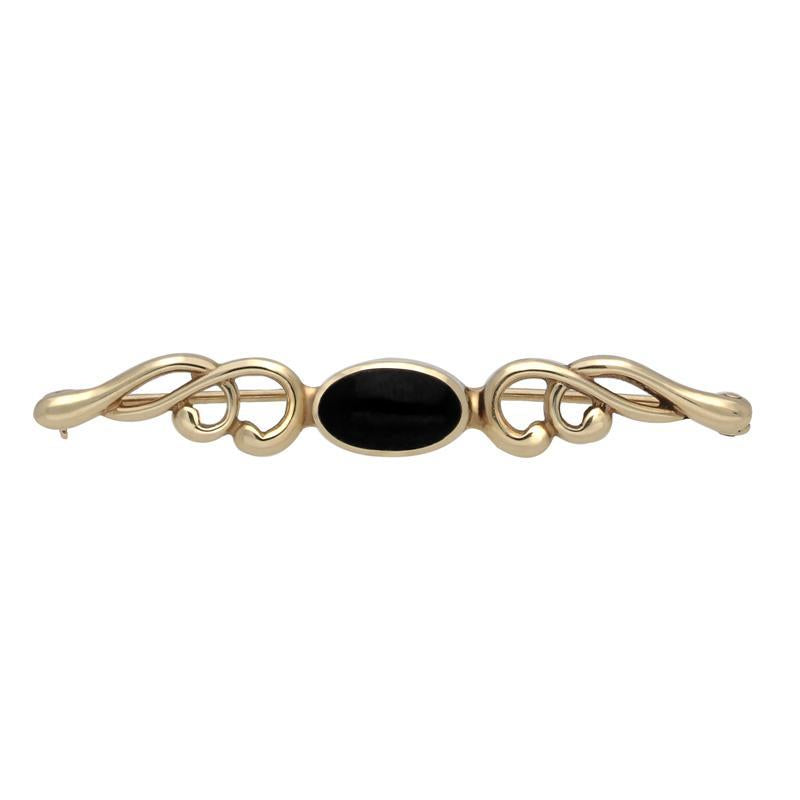 9ct Yellow Gold Whitby Jet Oval Scroll Brooch - Yellow Gold