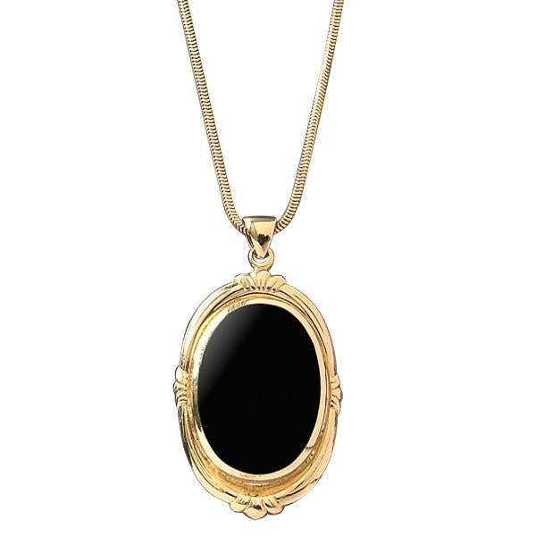 9ct Yellow Gold Whitby Jet Oval Shape Fleur Necklace - Yellow Gold