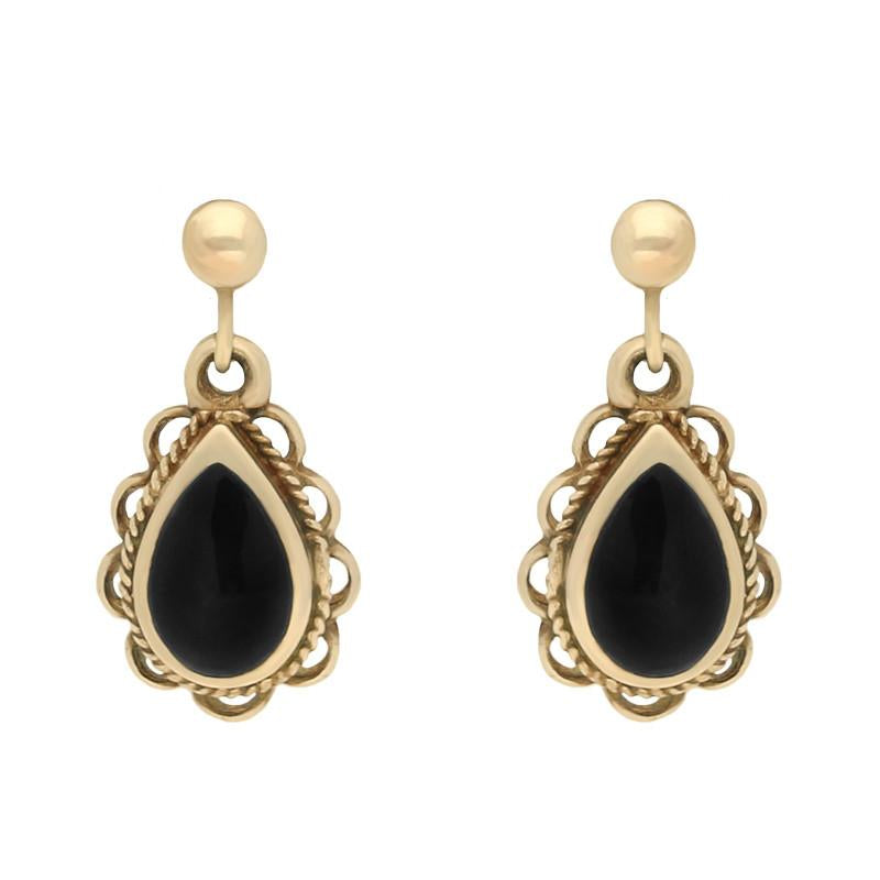 9ct Yellow Gold Whitby Jet Pear Rope Frill Drop Earrings - Yellow Gold