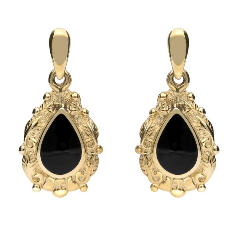 9ct Yellow Gold Whitby Jet Pear Shaped Leaf Drop Earrings - Yellow Gold