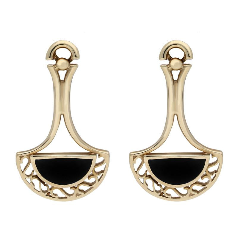 9ct Yellow Gold Whitby Jet Pierced Fan Drop Earrings - Yellow Gold