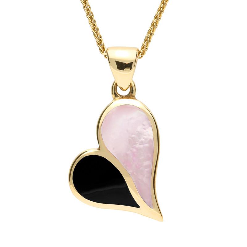 9ct Yellow Gold Whitby Jet Pink Mother of Pearl Heart Necklace - Yellow Gold