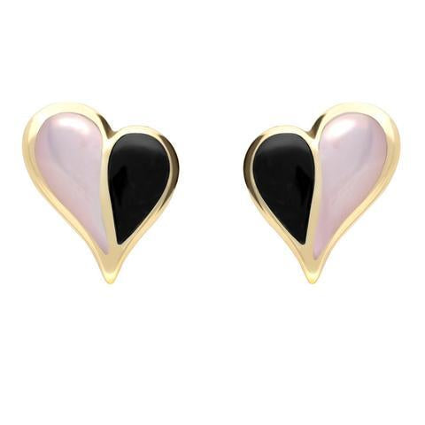 9ct Yellow Gold Whitby Jet Pink Mother of Pearl Split Heart Stud Earrings - Yellow Gold