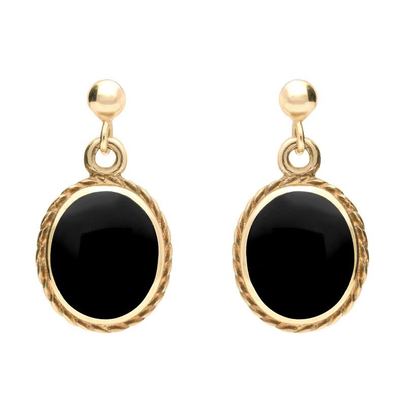9ct Yellow Gold Whitby Jet Rope Edge Oval Drop Earrings - Yellow Gold