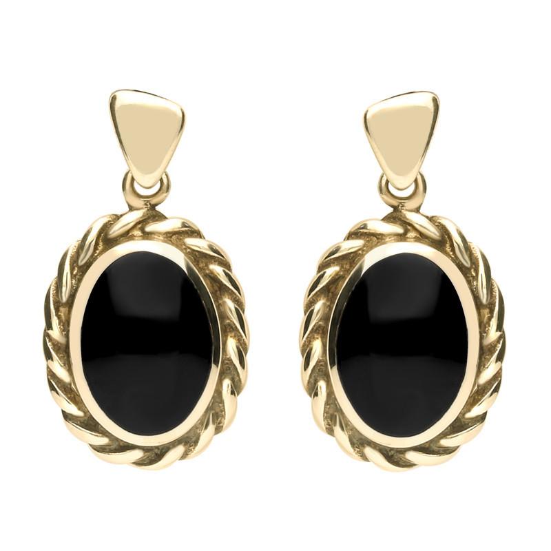9ct Yellow Gold Whitby Jet Oval Rope Edge Triangle Bail Drop Earrings - Yellow Gold