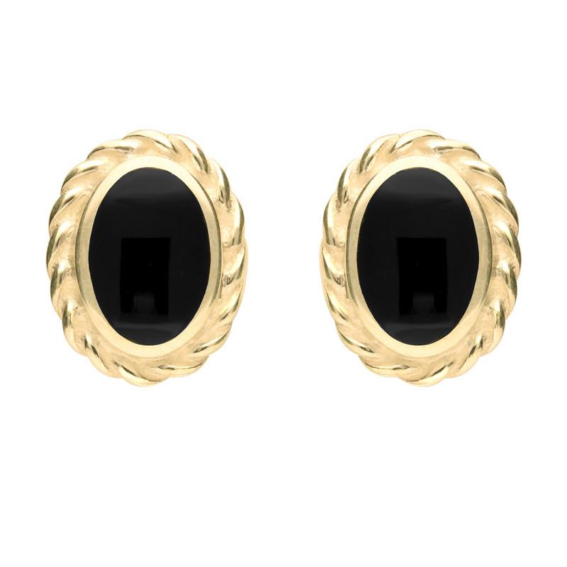 9ct Yellow Gold Whitby Jet Rope Edge Oval Stud Earrings - Yellow Gold