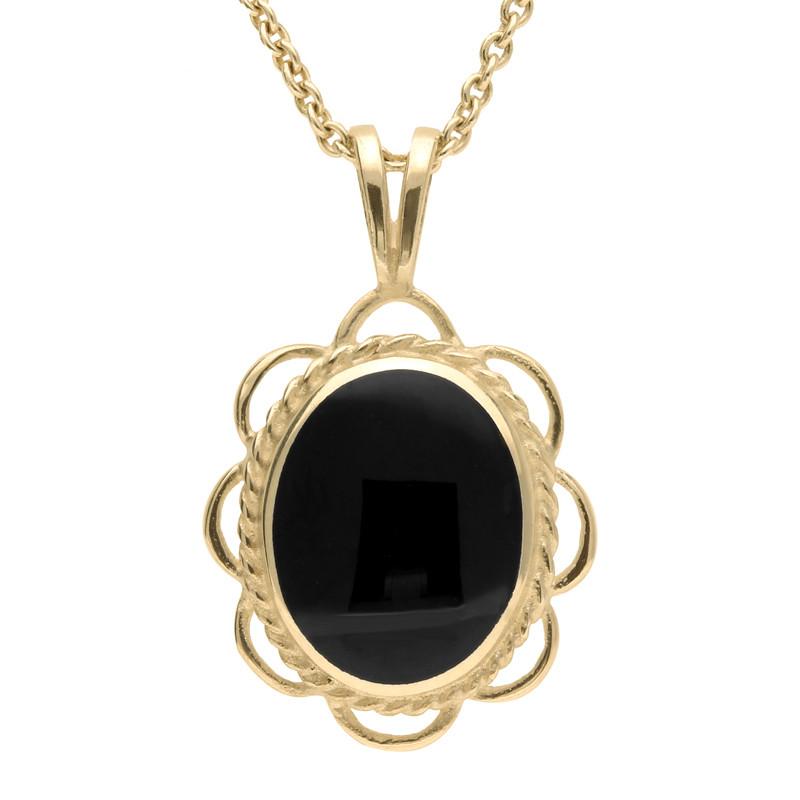9ct Yellow Gold Whitby Jet Rope Edged Oval Frill Necklace - Yellow Gold