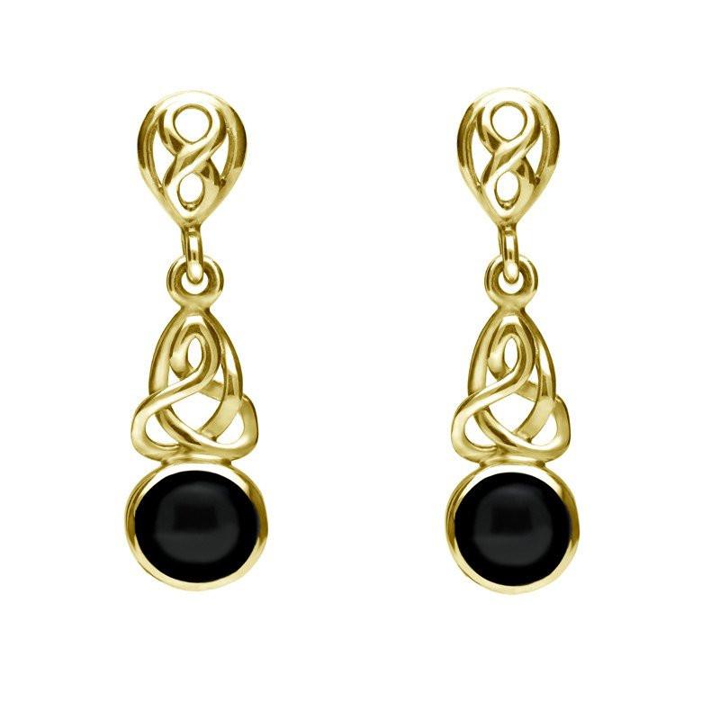 9ct Yellow Gold Whitby Jet Round Celtic Dropper Earrings - Option1 Value Yellow Gold