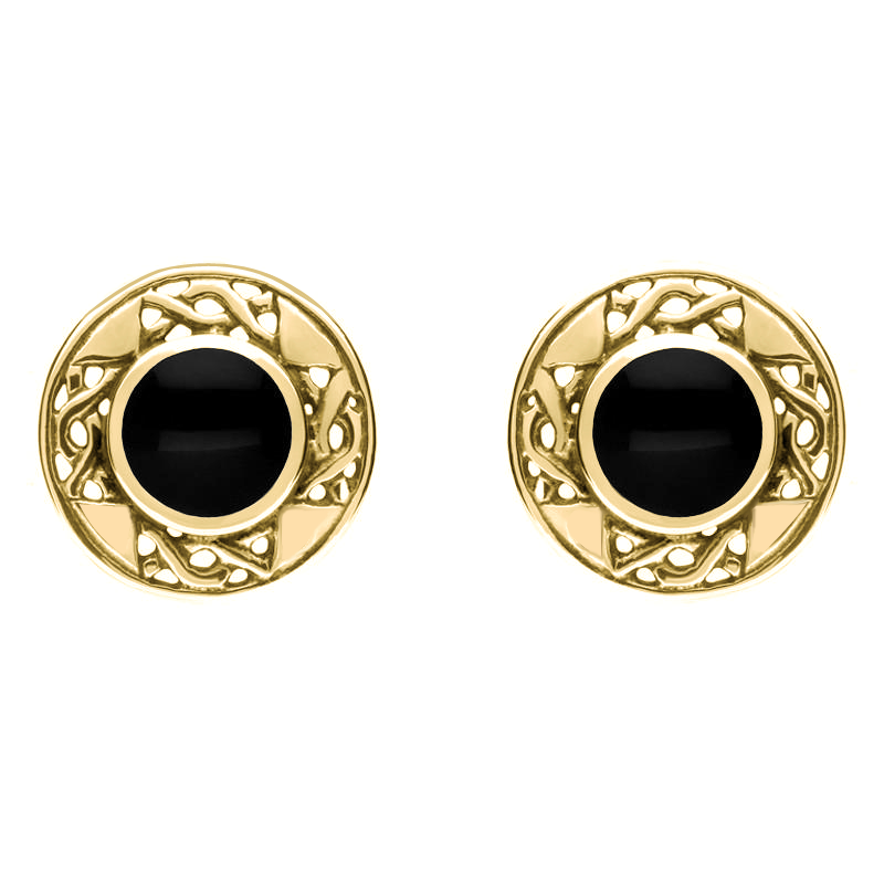 9ct Yellow Gold Whitby Jet Round Celtic Stud Earrings - Yellow Gold