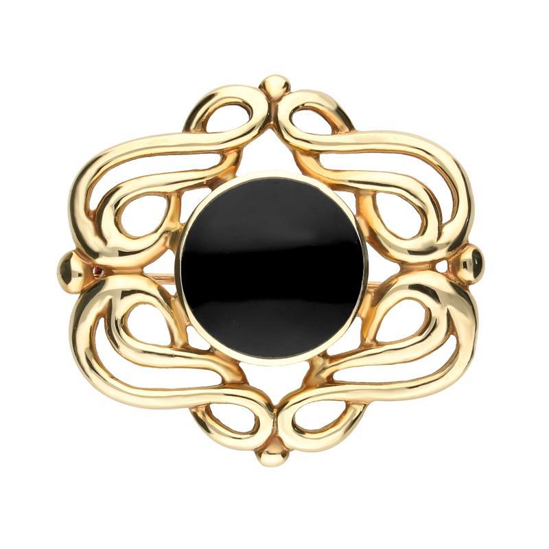 9ct Yellow Gold Whitby Jet Round Fancy Swirl Brooch - Yellow Gold