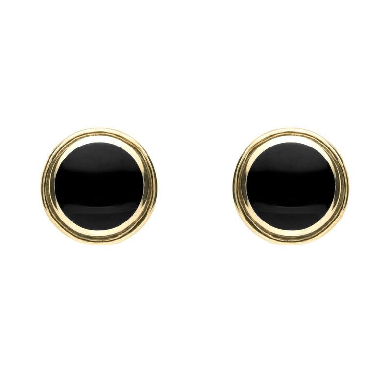 9ct Yellow Gold Whitby Jet Round Plain Edged Stud Earrings - Yellow Gold