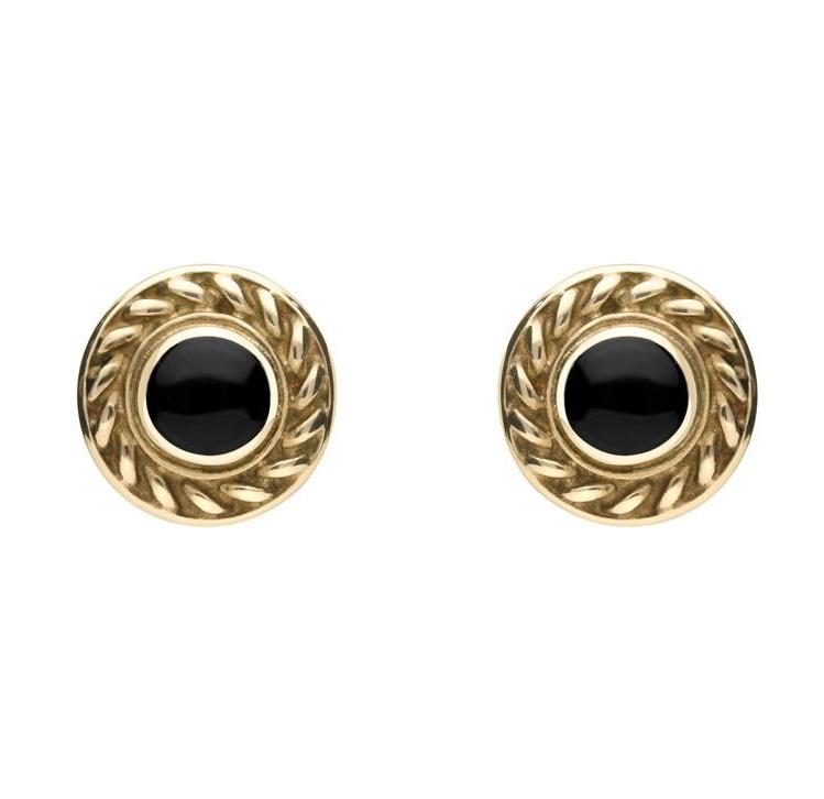 9ct Yellow Gold Whitby Jet Round Rope Edge Stud Earrings - Yellow Gold