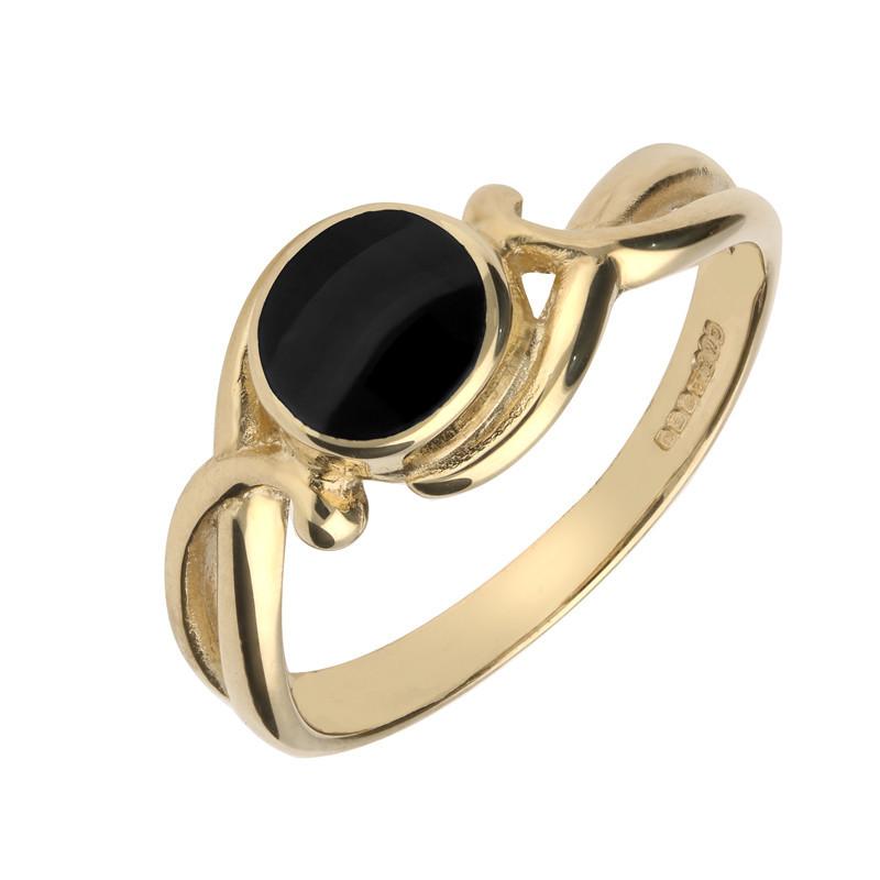 9ct Yellow Gold Whitby Jet Round Scroll Ring - Yellow Gold