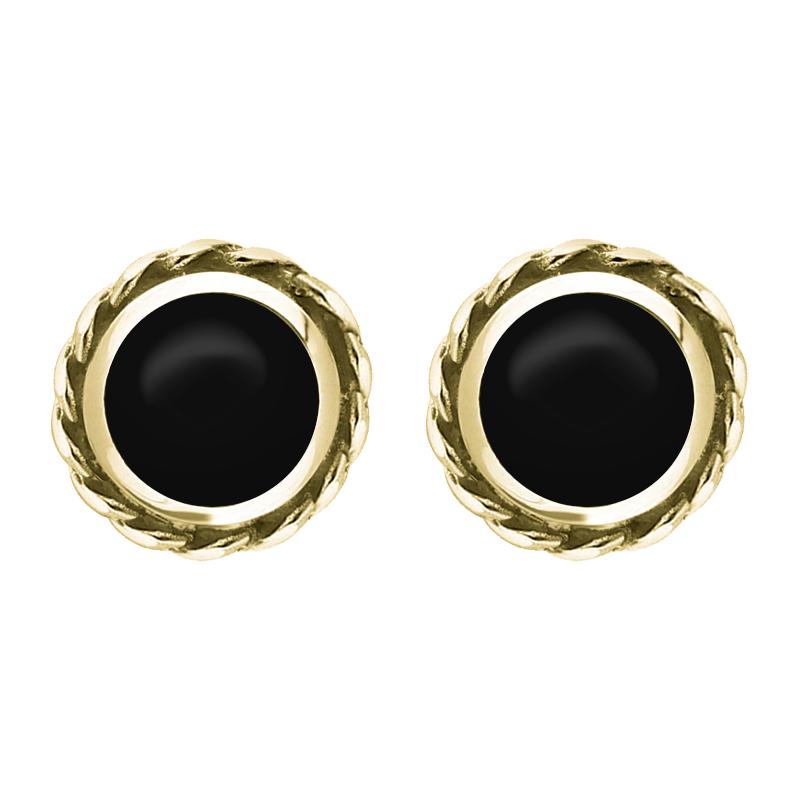 9ct Yellow Gold Whitby Jet Round Twist Edge Stud Earrings