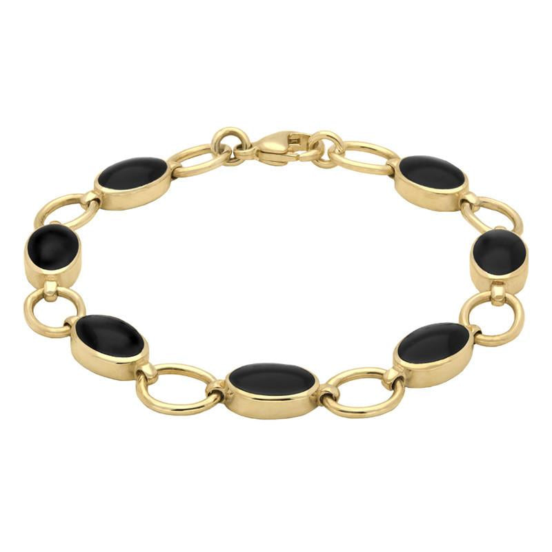 9ct Yellow Gold Whitby Jet Seven Oval Stone Bracelet - Option1 Value Yellow Gold