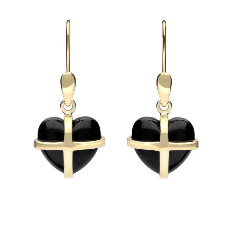 9ct Yellow Gold Whitby Jet Small Cross Heart Drop Earrings - Option1 Value Yellow Gold