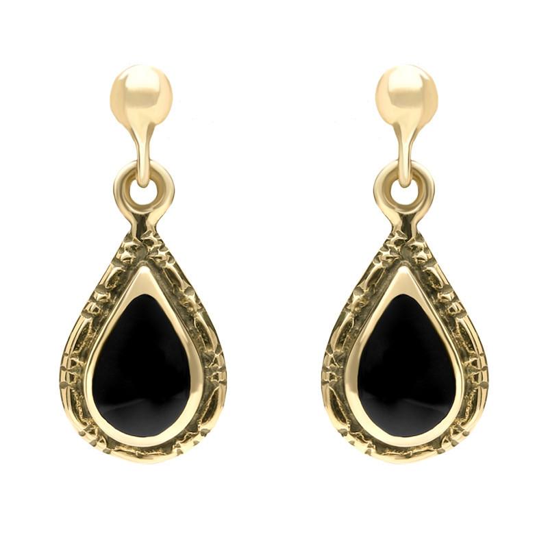 9ct Yellow Gold Whitby Jet Small Pear Drop Earrings - Yellow Gold