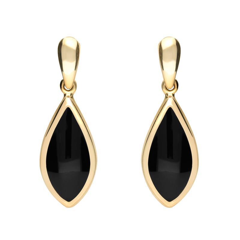 9ct Yellow Gold Whitby Jet Small Pointed Pear Drop Earrings - Yellow Gold