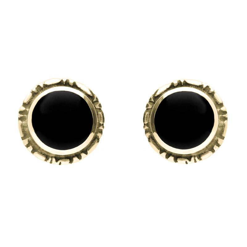 9ct Yellow Gold Whitby Jet Small Round Rope Edge Stud Earrings - Yellow Gold