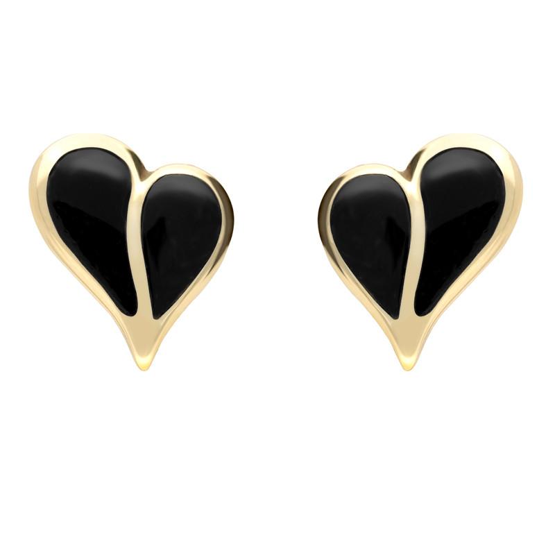 9ct Yellow Gold Whitby Jet Split Heart Stud Earrings - Yellow Gold