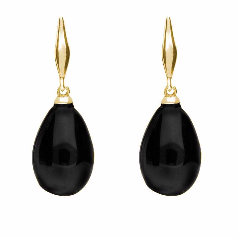 9ct Yellow Gold Whitby Jet Tapered Top Pear Drop Stud Earrings - Yellow Gold