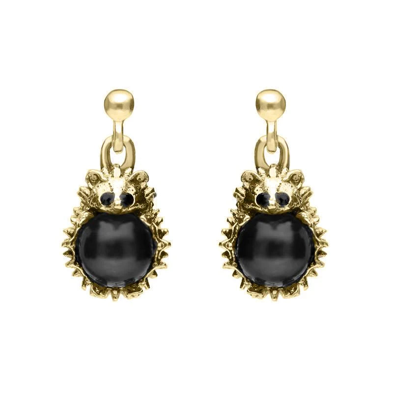 9ct Yellow Gold Whitby Jet Tiny Hedgehog Drop Earrings - Yellow Gold