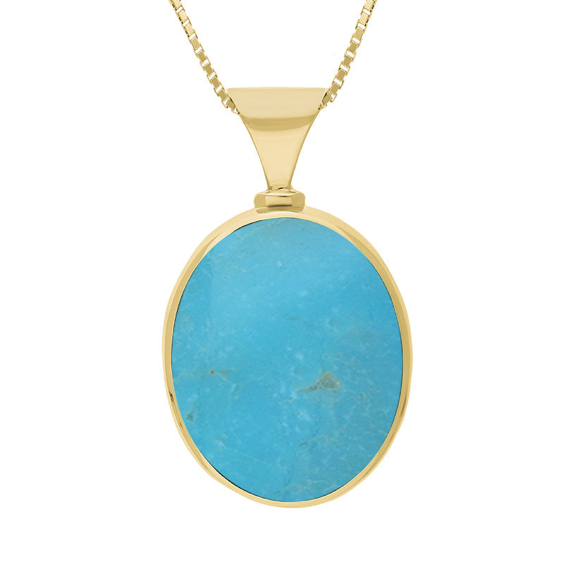 9ct Yellow Gold Whitby Jet Turquoise King's Coronation Hallmark Double Sided Oval Necklace