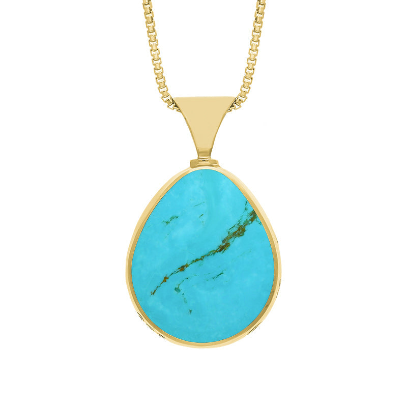 9ct Yellow Gold Whitby Jet Turquoise King's Coronation Hallmark Double Sided Pear-shaped Necklace