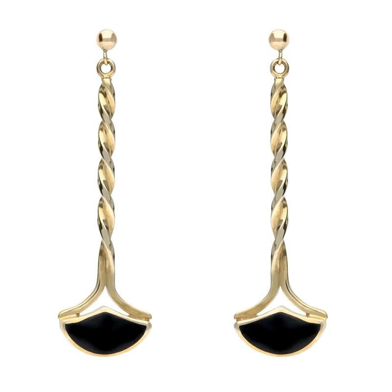 9ct Yellow Gold Whitby Jet Twisted Drop Earrings - Yellow Gold