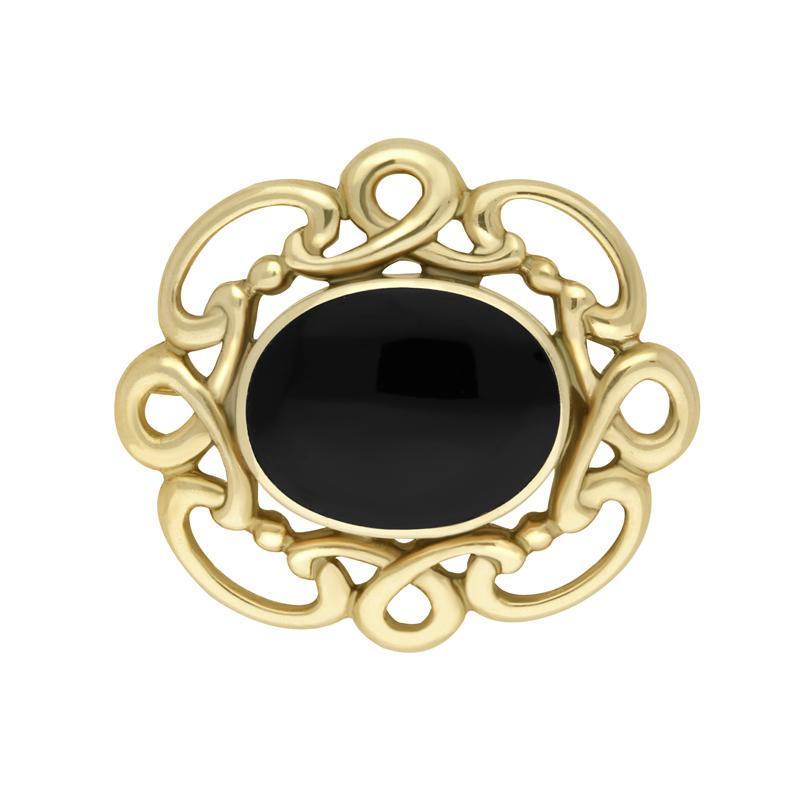 9ct Yellow Gold Whitby Jet Twisted Rope Edge Brooch - Yellow Gold
