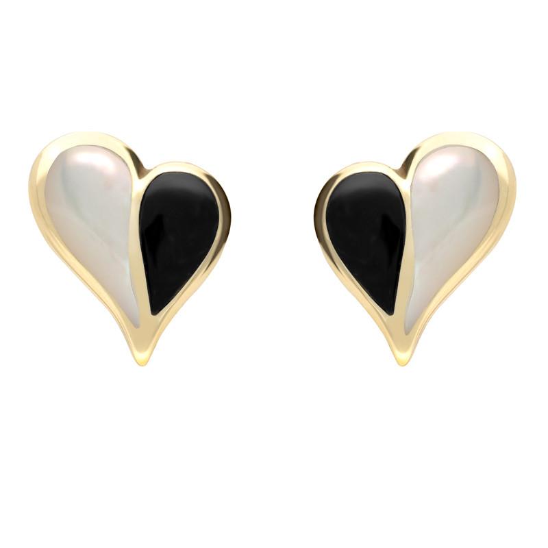 9ct Yellow Gold Whitby Jet Mother of Pearl Split Heart Stud Earrings - Yellow Gold