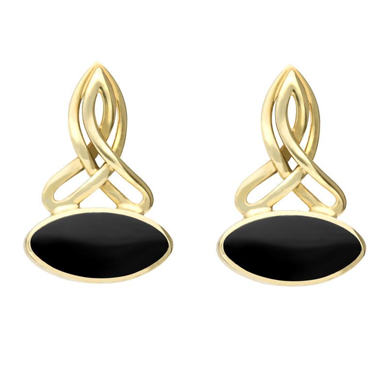 9ct Yellow Gold Whitby Jet Wide Marquise Celtic Stud Drop Earrings - Yellow Gold
