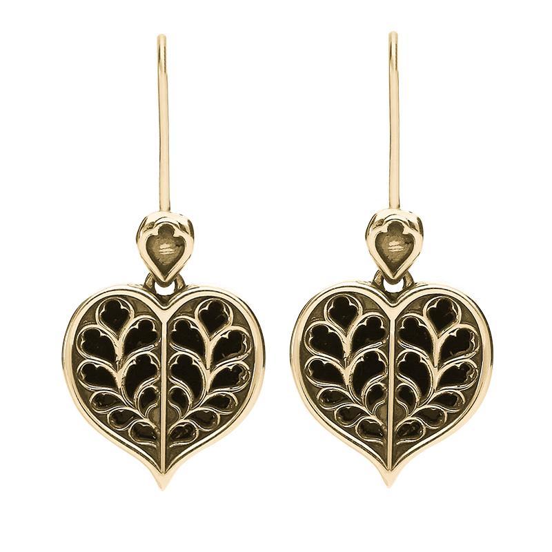 9ct Yellow Gold Whitby Jet York Minster Heart Hook Earrings - Yellow Gold